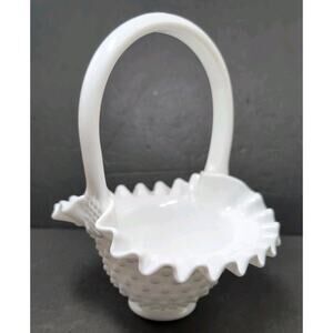Vintage Fenton Art Glass Milk Glass Hobnail Crimped Basket Candy Dish Handle